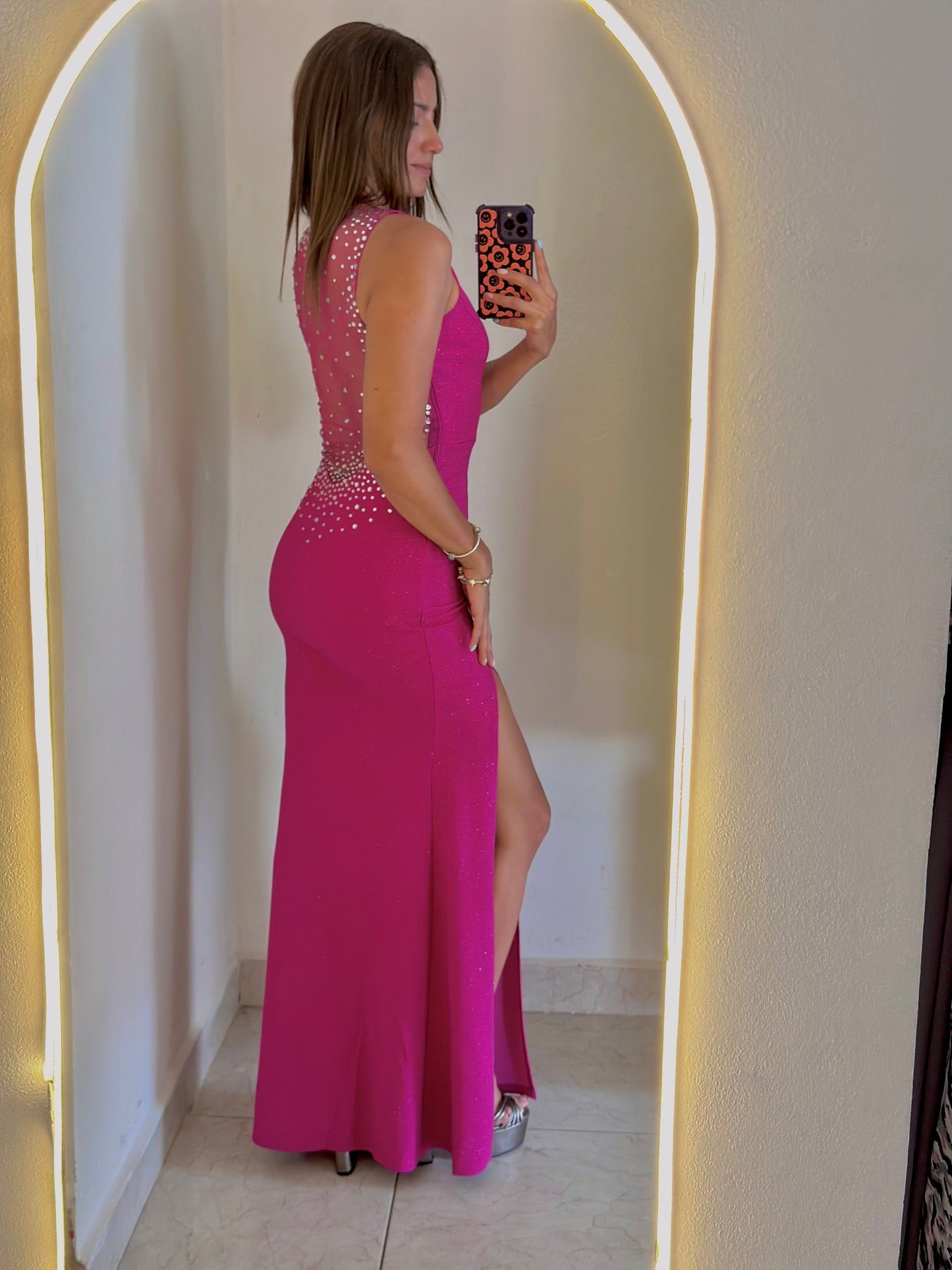 Vestido rosa/ espalda brillos