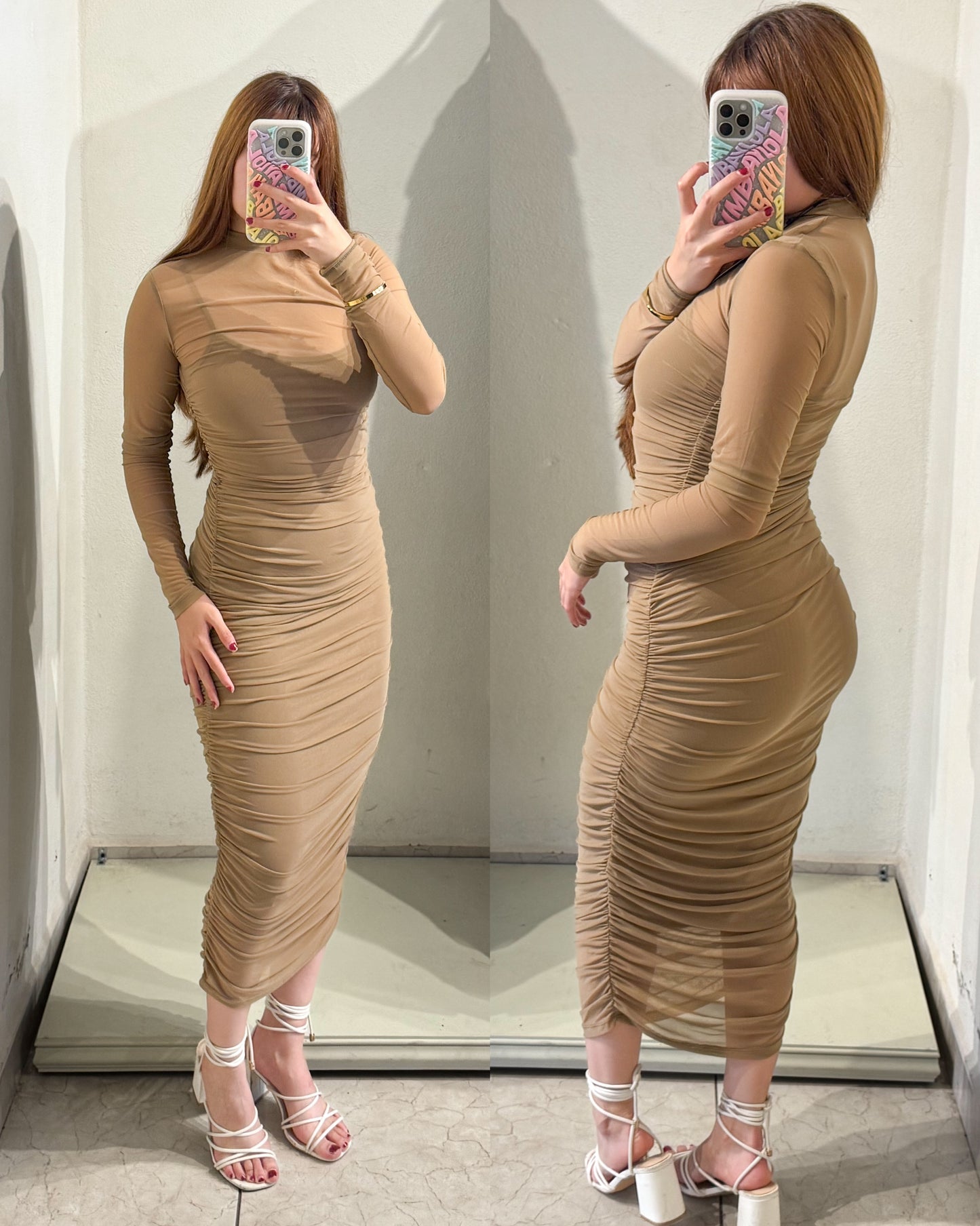 Vestido café drapeado midi