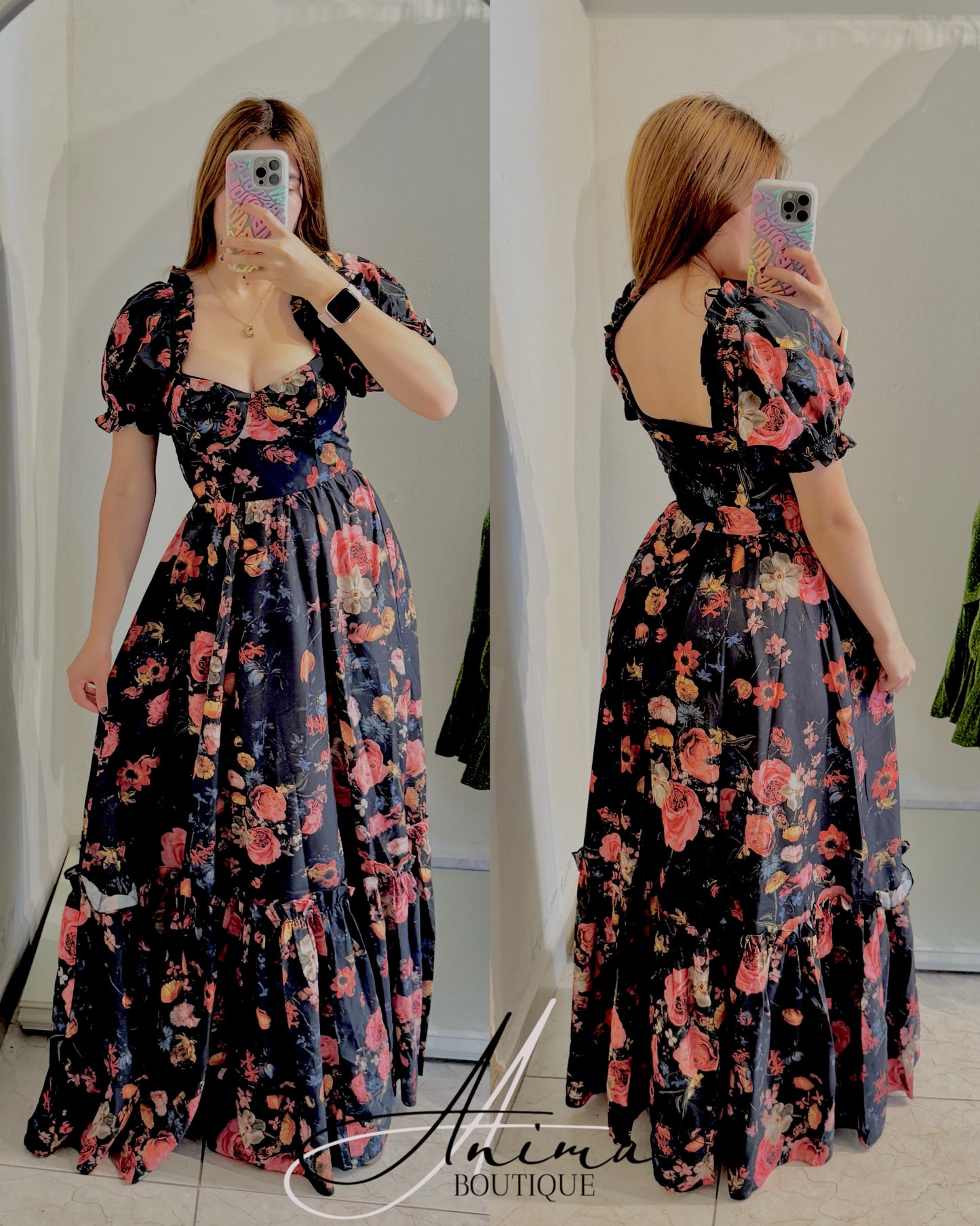 Vestido negro flores rojas
