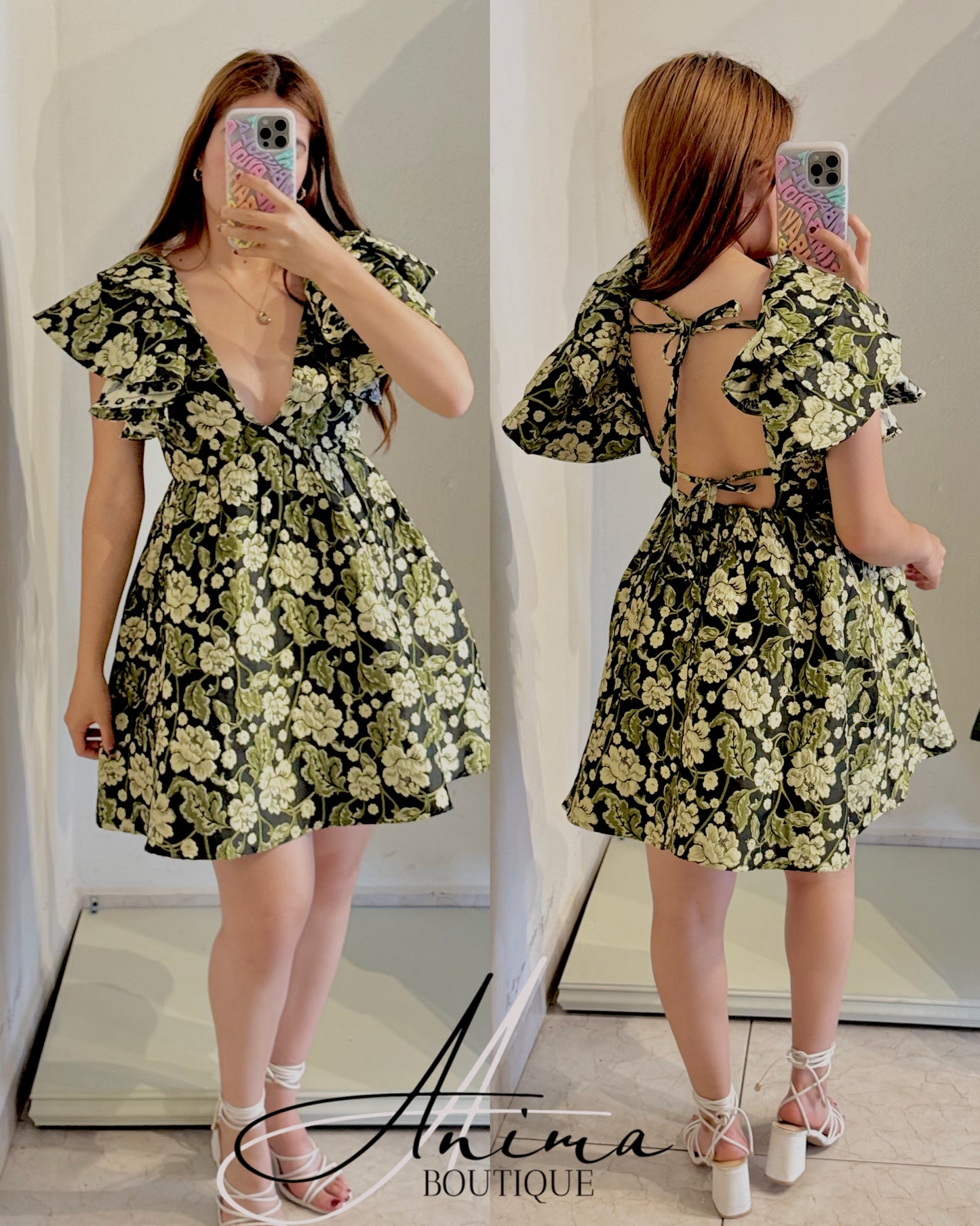 Vestido negro flores verde
