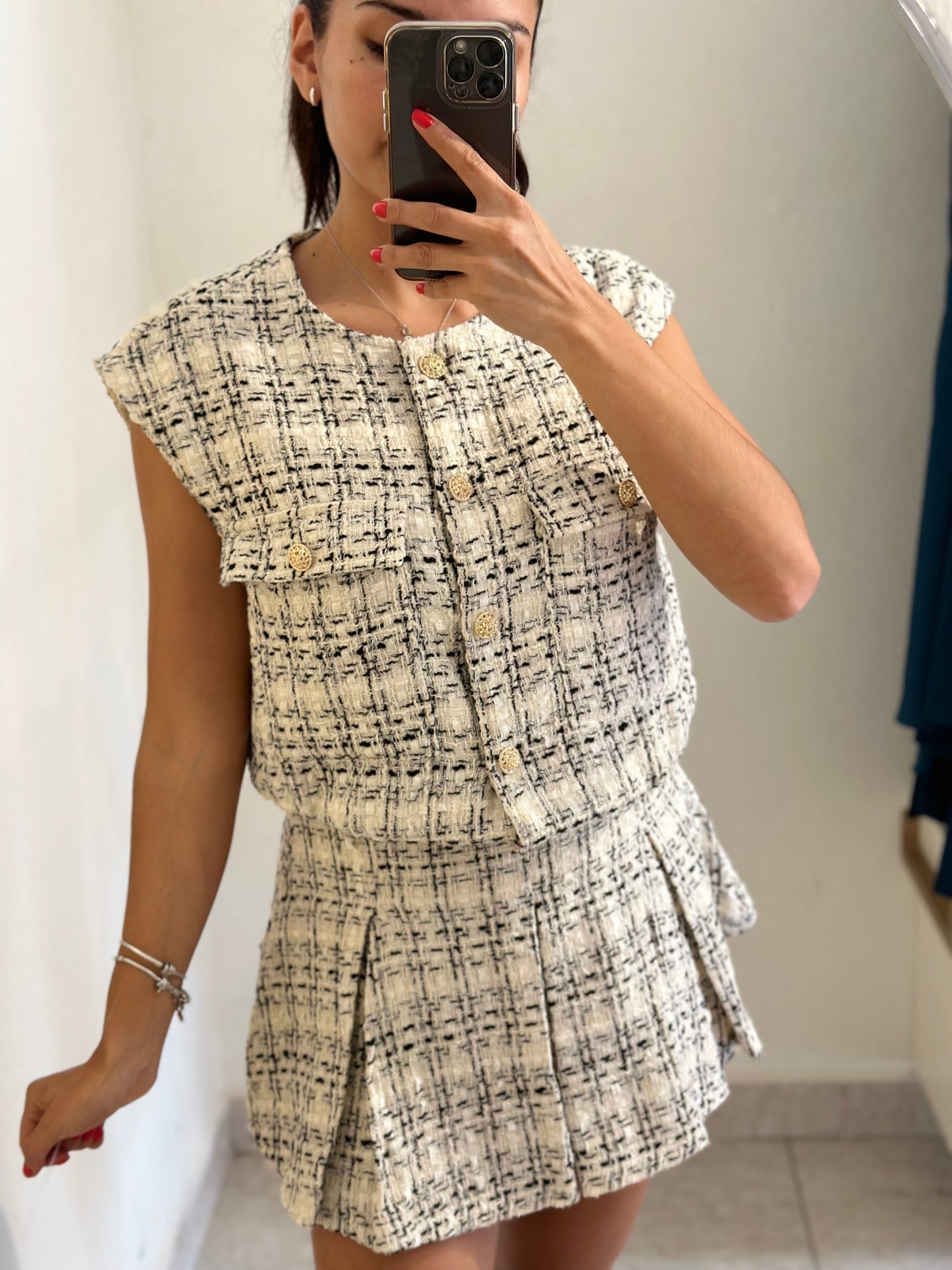 Set tweed falda/short y chaleco