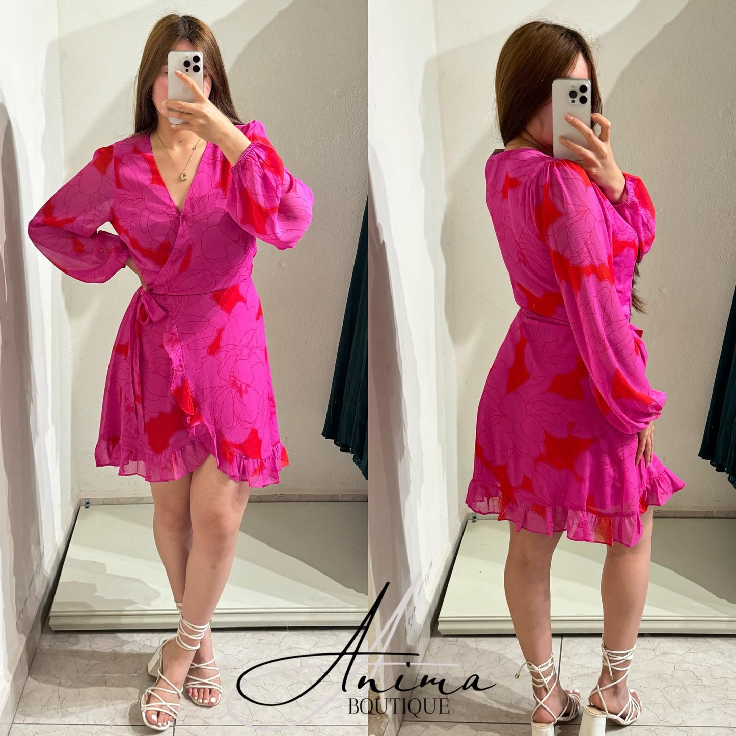 Vestido rosa flores rojas