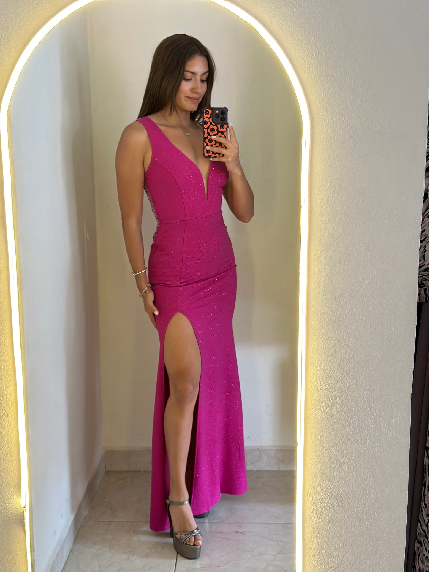 Vestido rosa/ espalda brillos