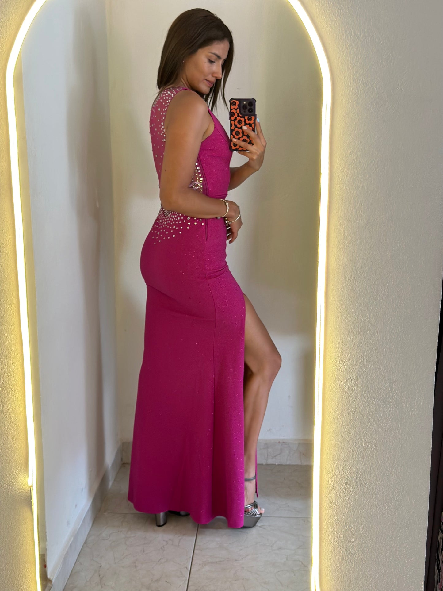 Vestido rosa/ espalda brillos