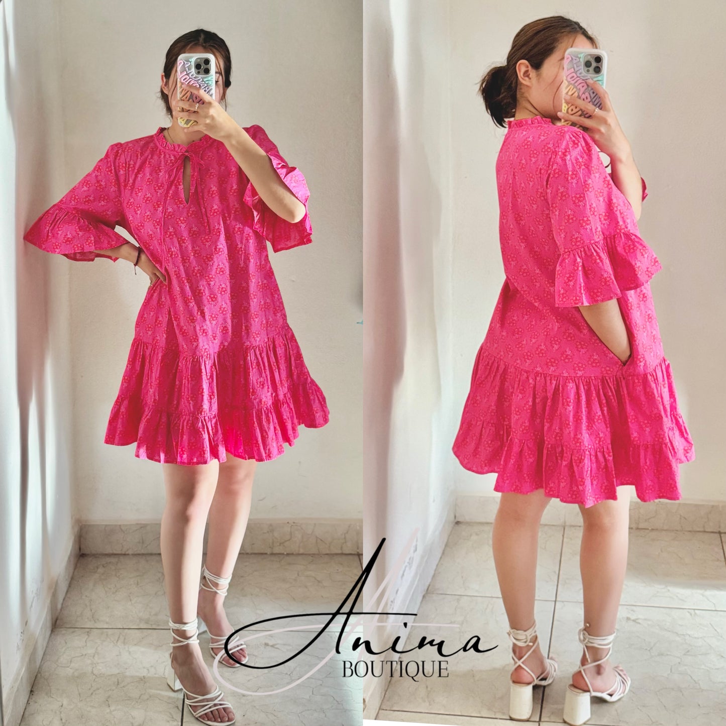 Vestido corto rosa flores rojas
