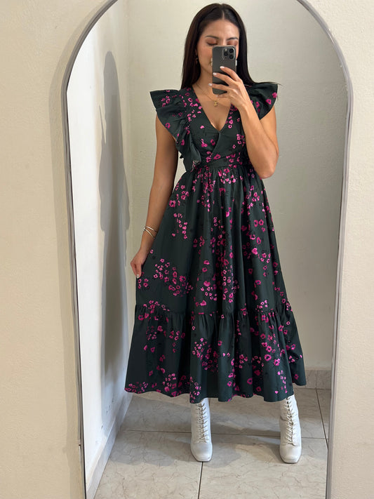 Vestido midi verde flores rosas