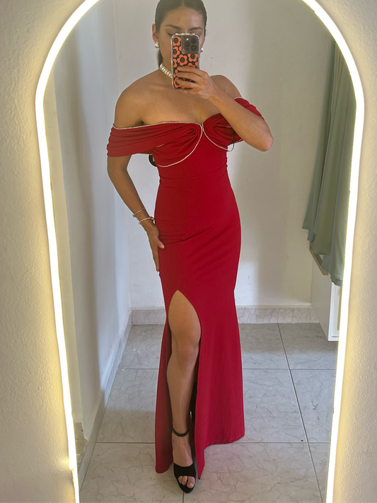 Vestido hombros caídos rojo