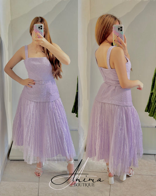 Vestido midi tweed y tul lila