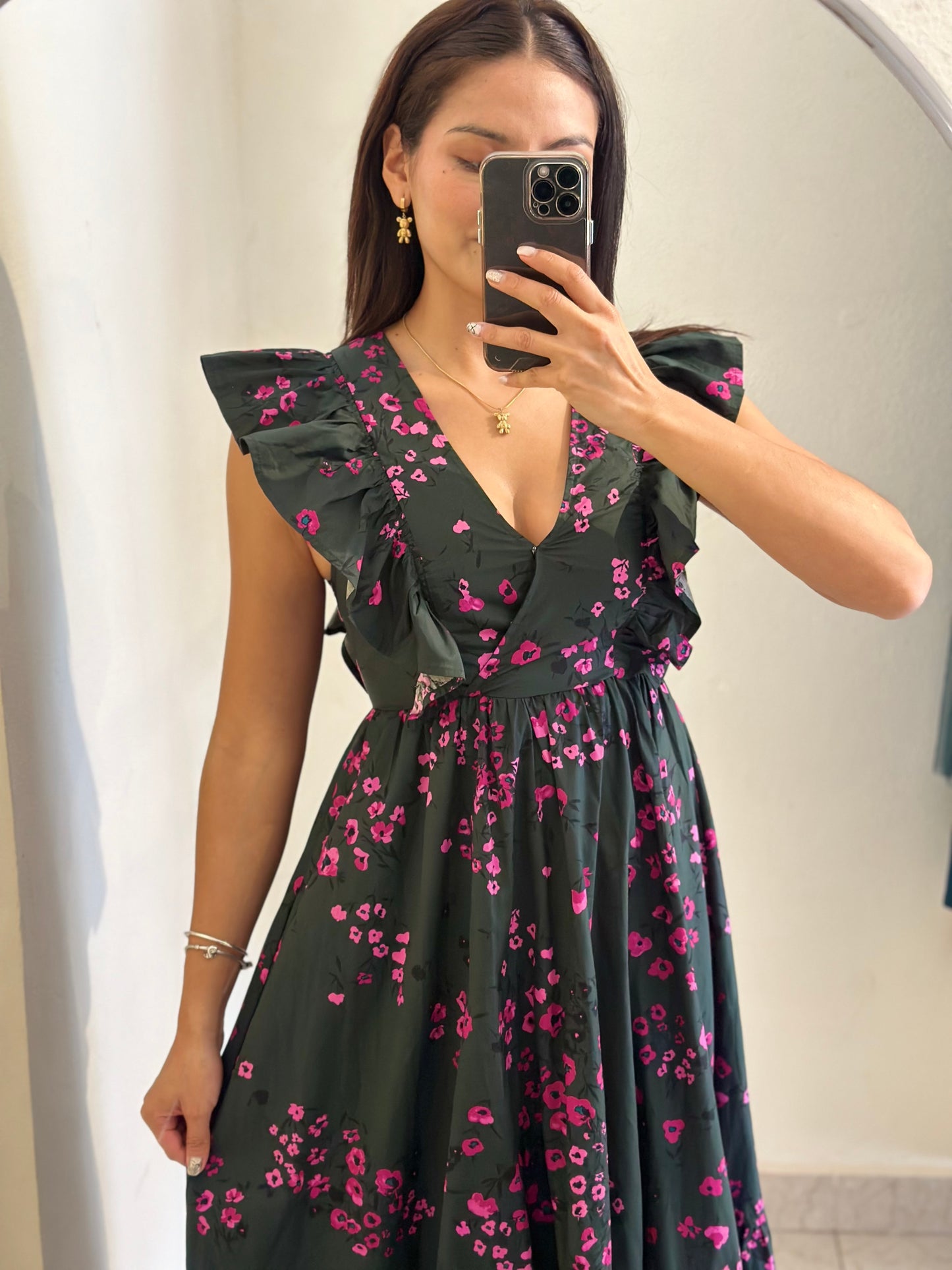 Vestido midi verde flores rosas