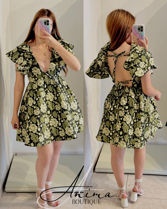 Vestido negro flores verde