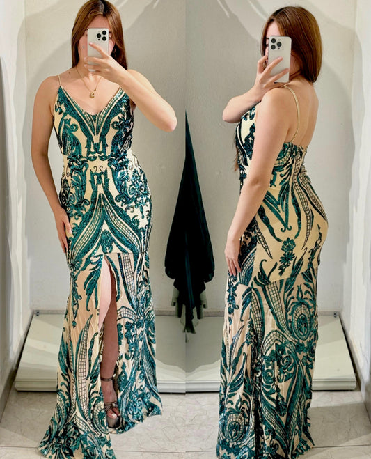 Vestido corte sirena lentejuela verde esmeralda