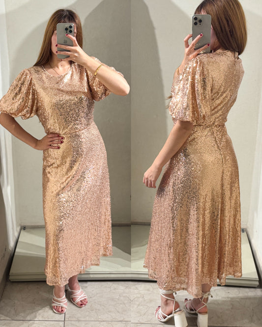 Vestido midi oro rosado lentejuela