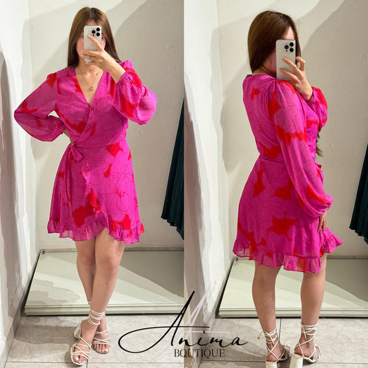 Vestido rosa flores rojas