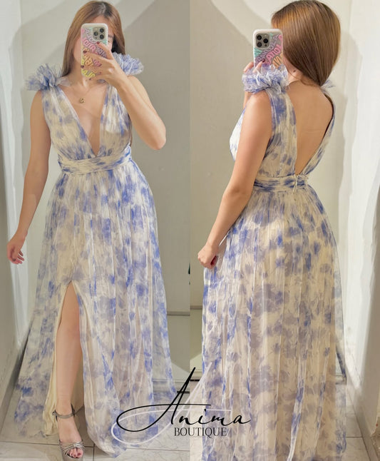 Vestido tul flores azul